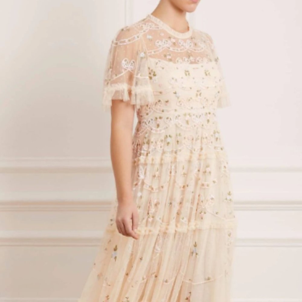 Needle & Thread Ditsy Ribbon Dress Size 14 Champagne